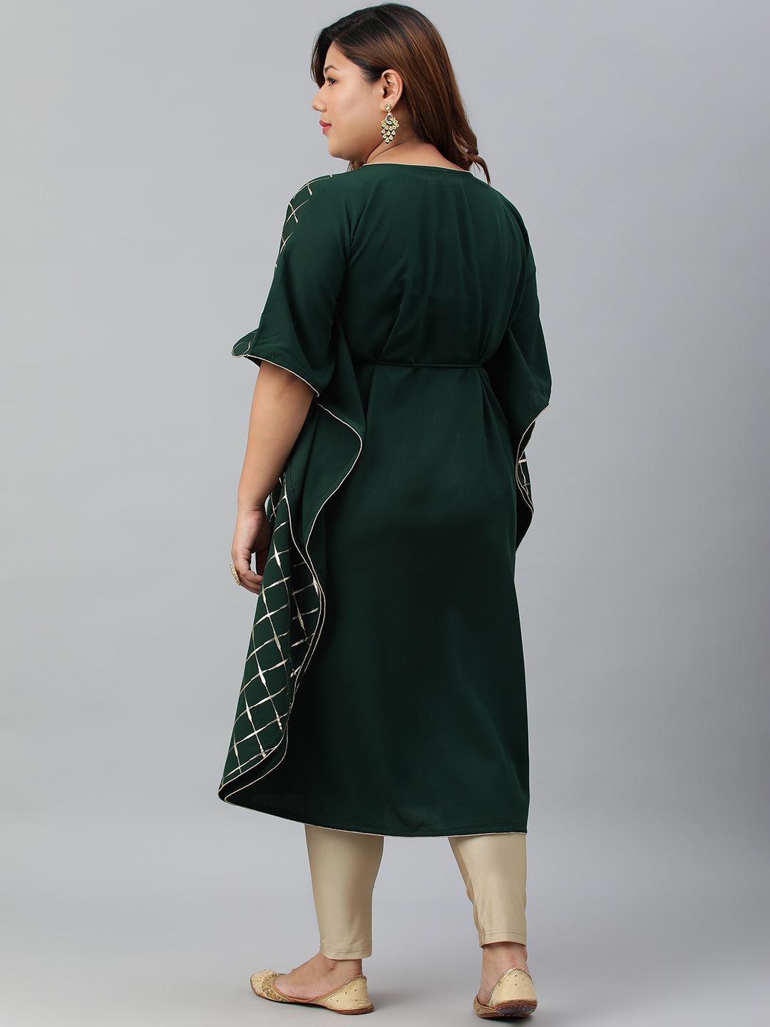 Janasya Women's Green Poly Crepe Checkered Festive & Party Kaftan kurta | Swadesiicart