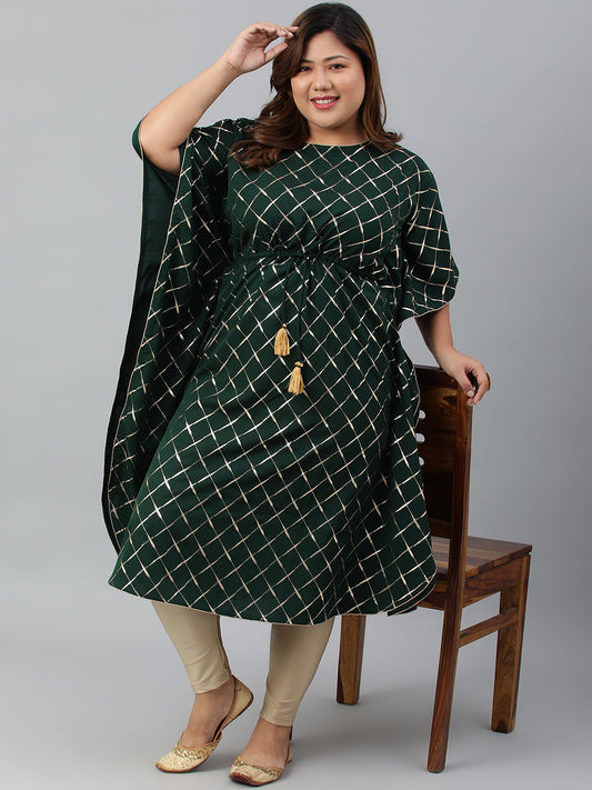 Janasya Women's Green Poly Crepe Checkered Festive & Party Kaftan kurta | Swadesiicart