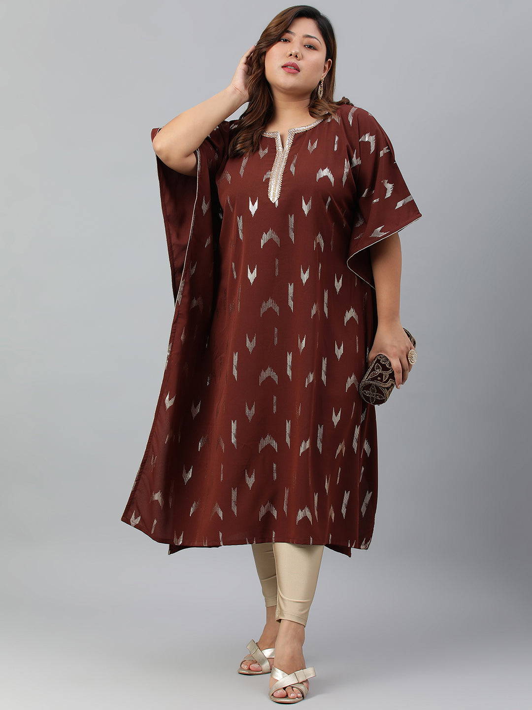 Janasya Women's Brown Poly Crepe Geometric Print Festive & Party Kaftan kurta | Swadesiicart
