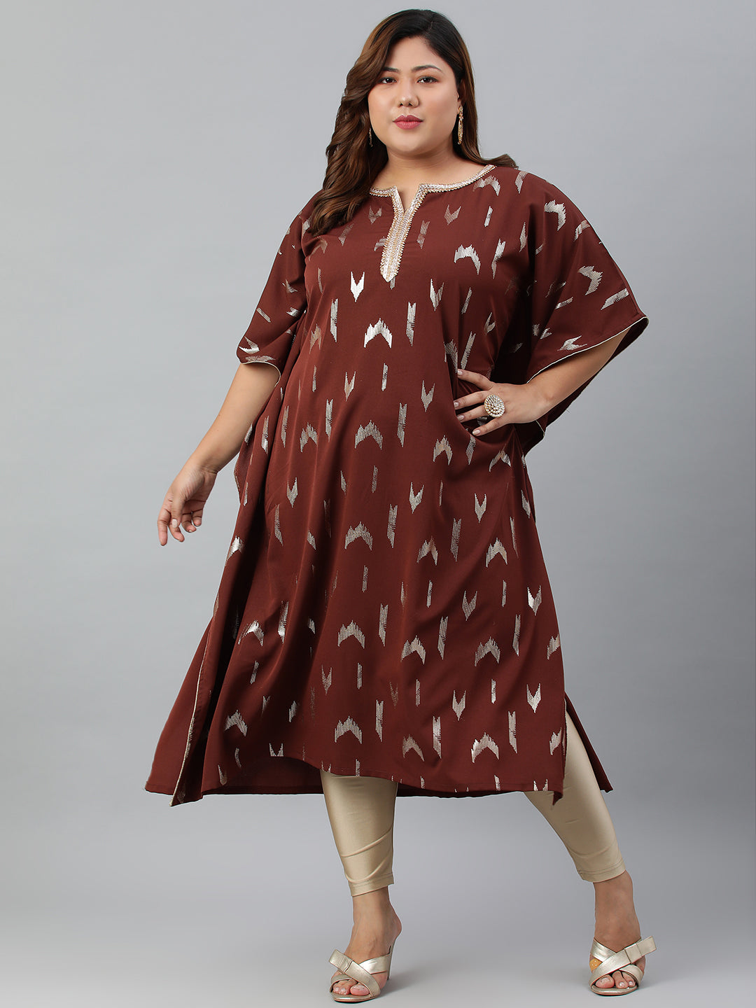 Janasya Women's Brown Poly Crepe Geometric Print Festive & Party Kaftan kurta | Swadesiicart