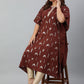 Janasya Women's Brown Poly Crepe Geometric Print Festive & Party Kaftan kurta | Swadesiicart