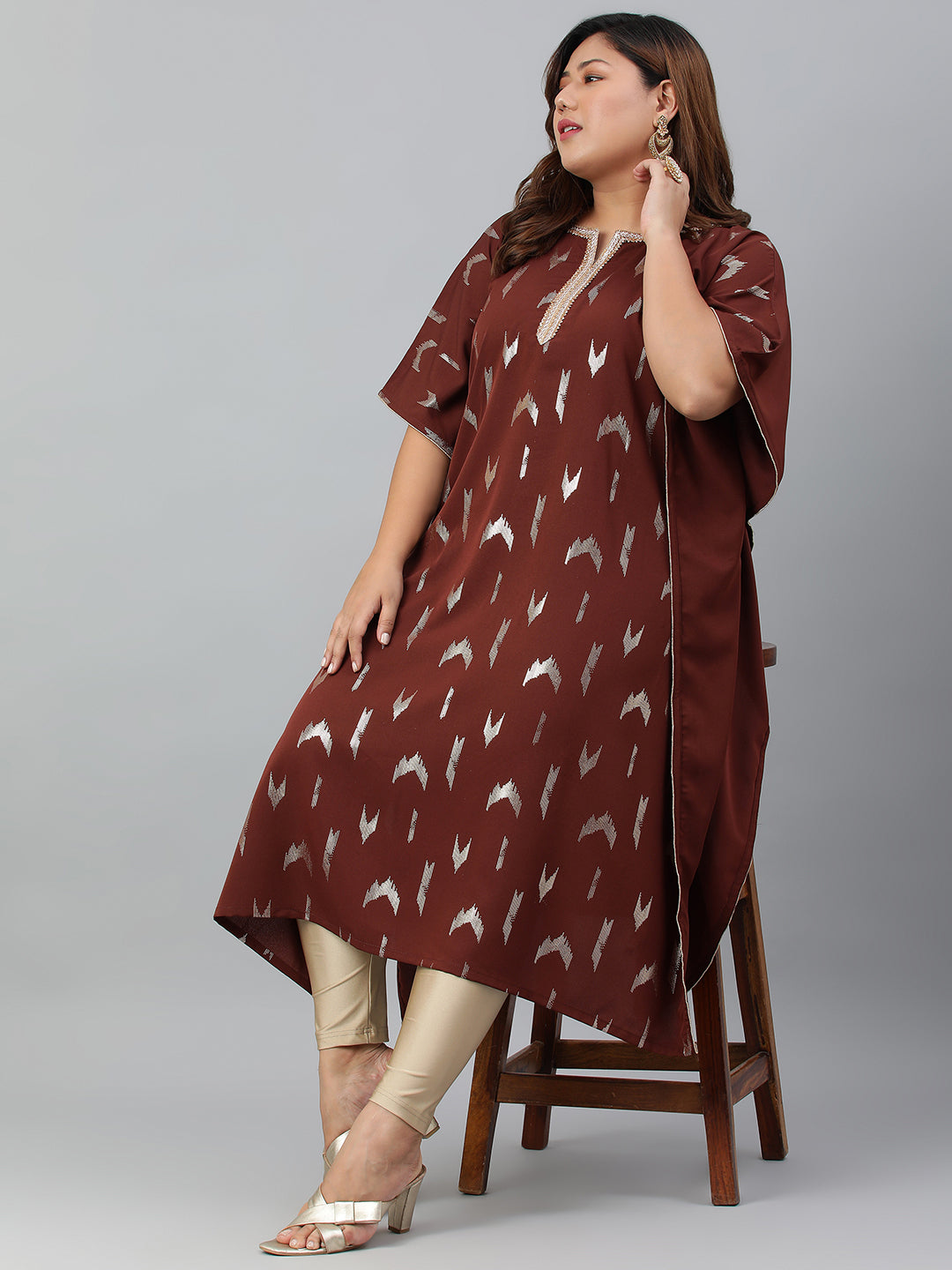 Janasya Women's Brown Poly Crepe Geometric Print Festive & Party Kaftan kurta | Swadesiicart