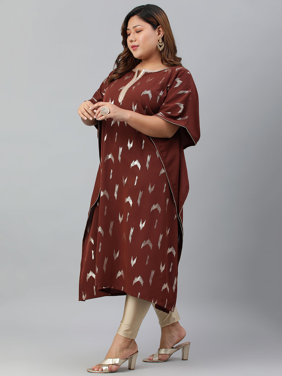 Janasya Women's Brown Poly Crepe Geometric Print Festive & Party Kaftan kurta | Swadesiicart