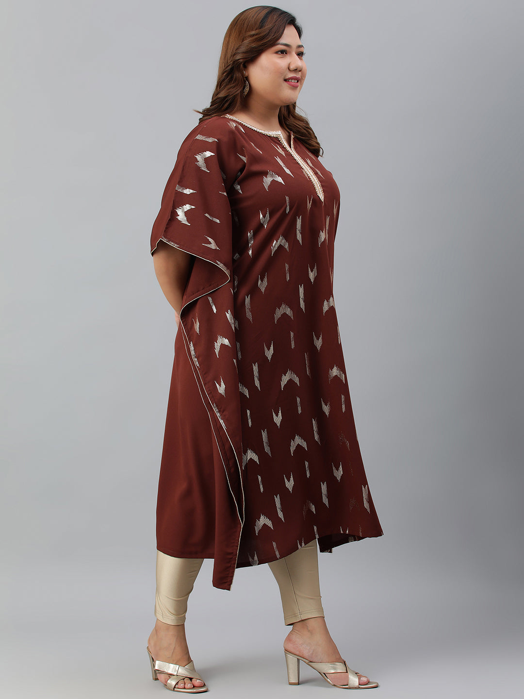 Janasya Women's Brown Poly Crepe Geometric Print Festive & Party Kaftan kurta | Swadesiicart