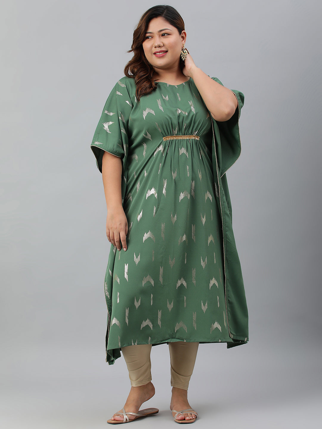 Janasya Women's Green Poly Crepe Foil Print Festive & Party Kaftan kurta | Swadesiicart