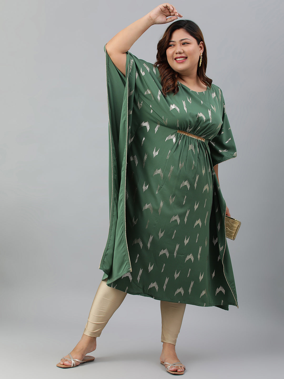 Janasya Women's Green Poly Crepe Foil Print Festive & Party Kaftan kurta | Swadesiicart