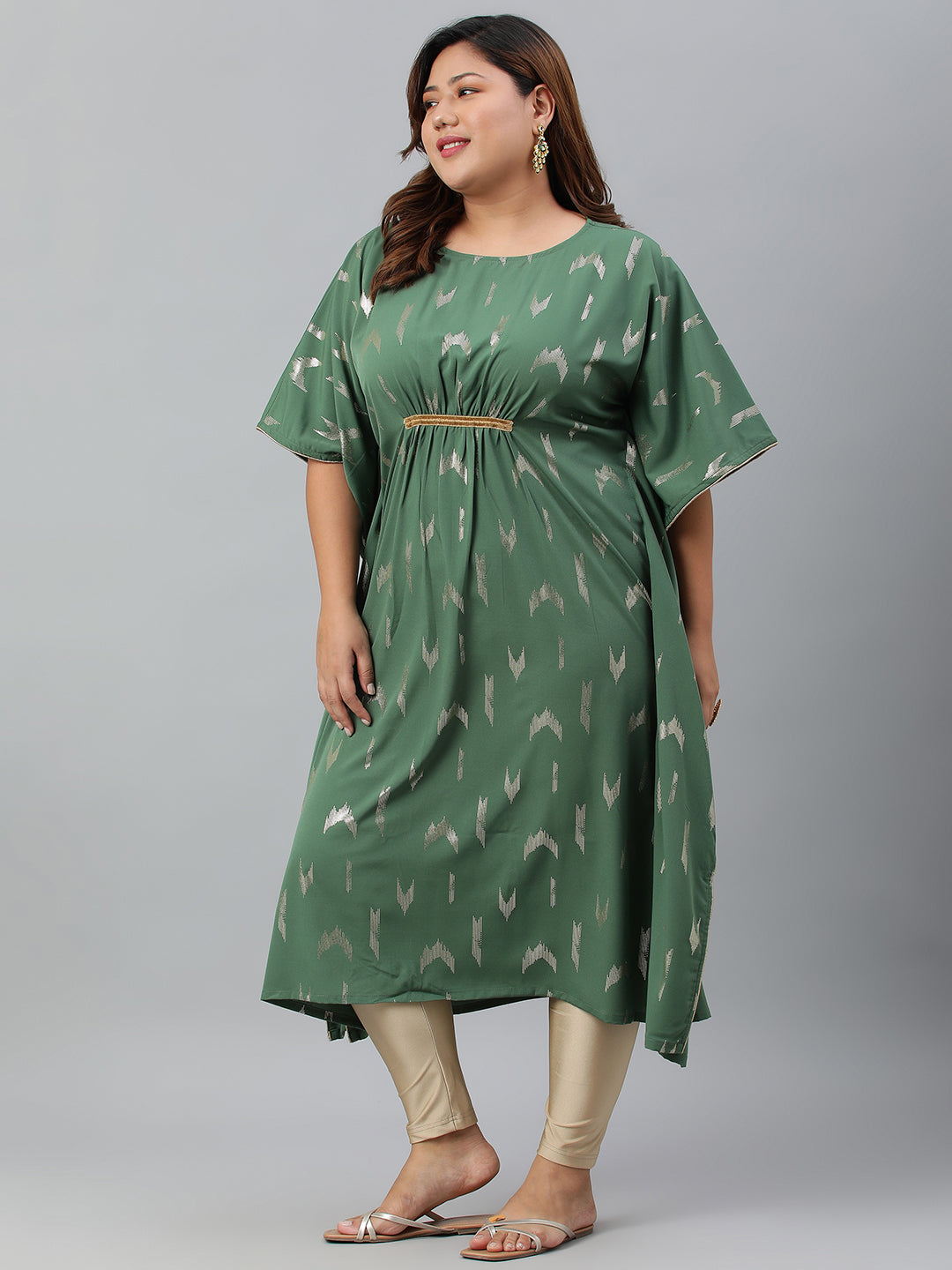 Janasya Women's Green Poly Crepe Foil Print Festive & Party Kaftan kurta | Swadesiicart
