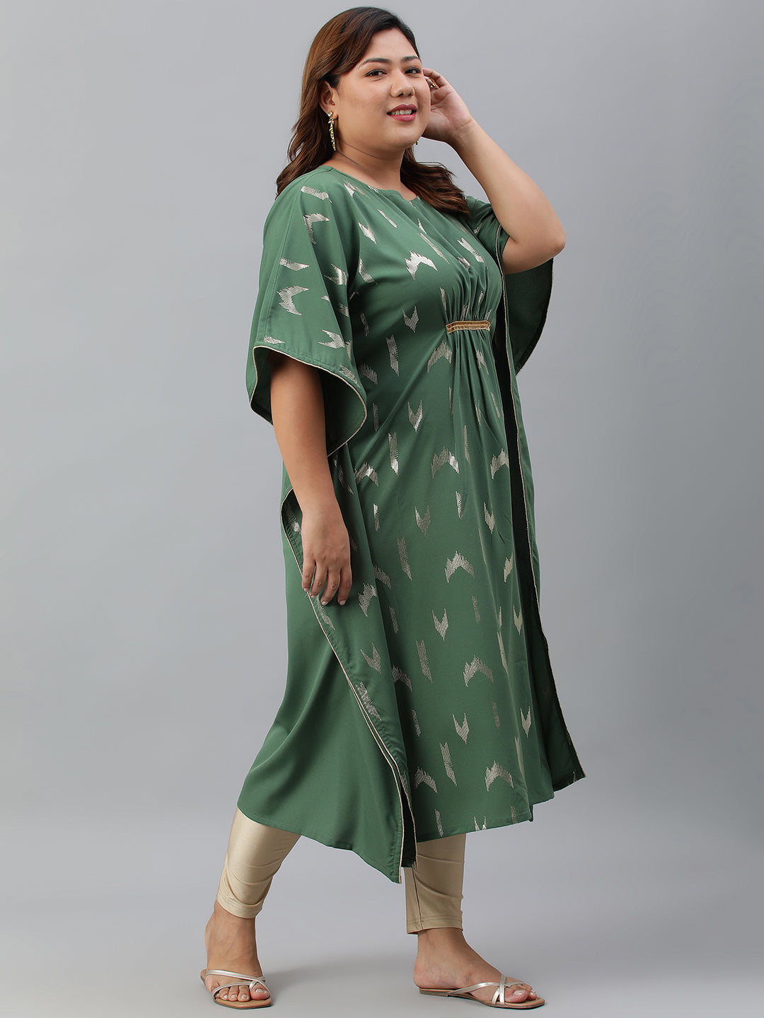 Janasya Women's Green Poly Crepe Foil Print Festive & Party Kaftan kurta | Swadesiicart