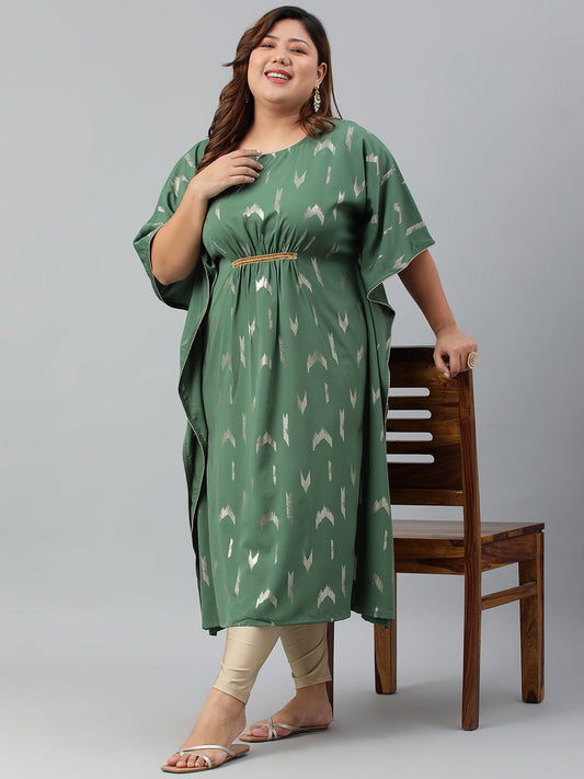 Janasya Women's Green Poly Crepe Foil Print Festive & Party Kaftan kurta | Swadesiicart