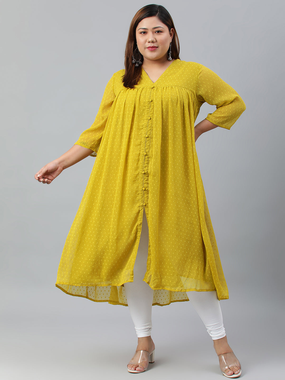 Janasya Women's Mustard Poly Chiffon Self Design Casual Flared kurta | Swadesiicart