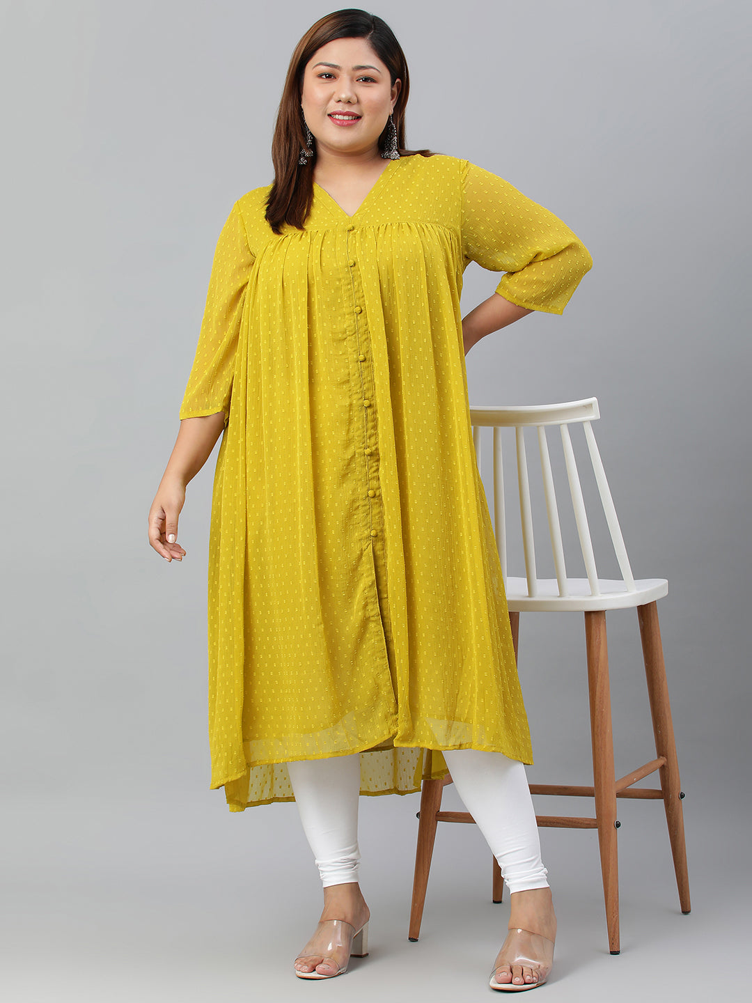 Janasya Women's Mustard Poly Chiffon Self Design Casual Flared kurta | Swadesiicart