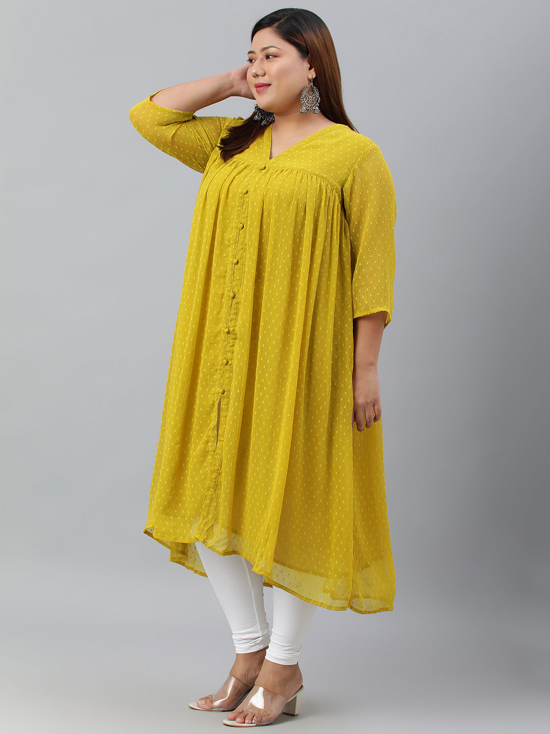 Janasya Women's Mustard Poly Chiffon Self Design Casual Flared kurta | Swadesiicart