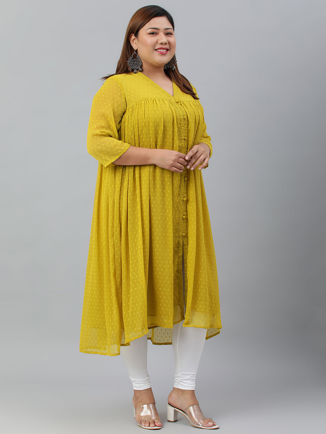 Janasya Women's Mustard Poly Chiffon Self Design Casual Flared kurta | Swadesiicart
