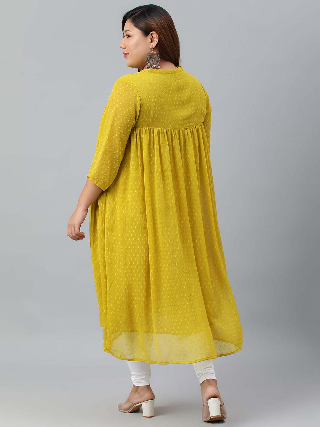 Janasya Women's Mustard Poly Chiffon Self Design Casual Flared kurta | Swadesiicart