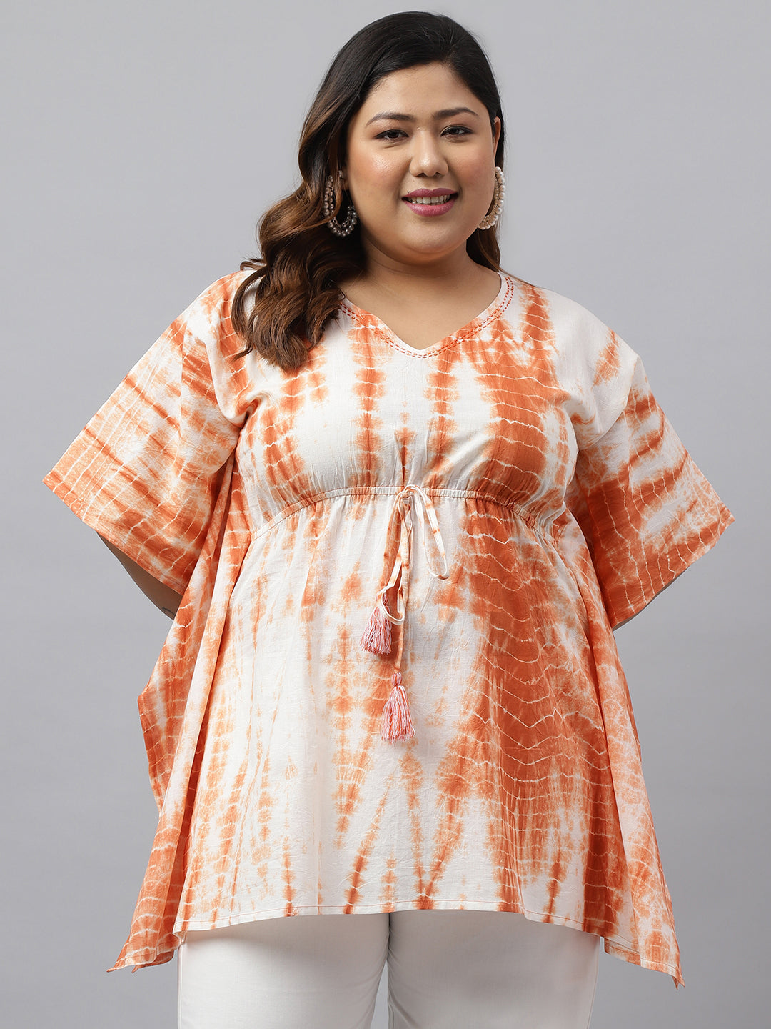 Janasya Women's Off White Cotton Tie Dye Casual Kaftan Tunic | Swadesiicart