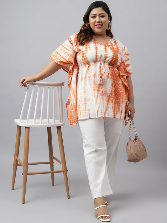Janasya Women's Off White Cotton Tie Dye Casual Kaftan Tunic | Swadesiicart