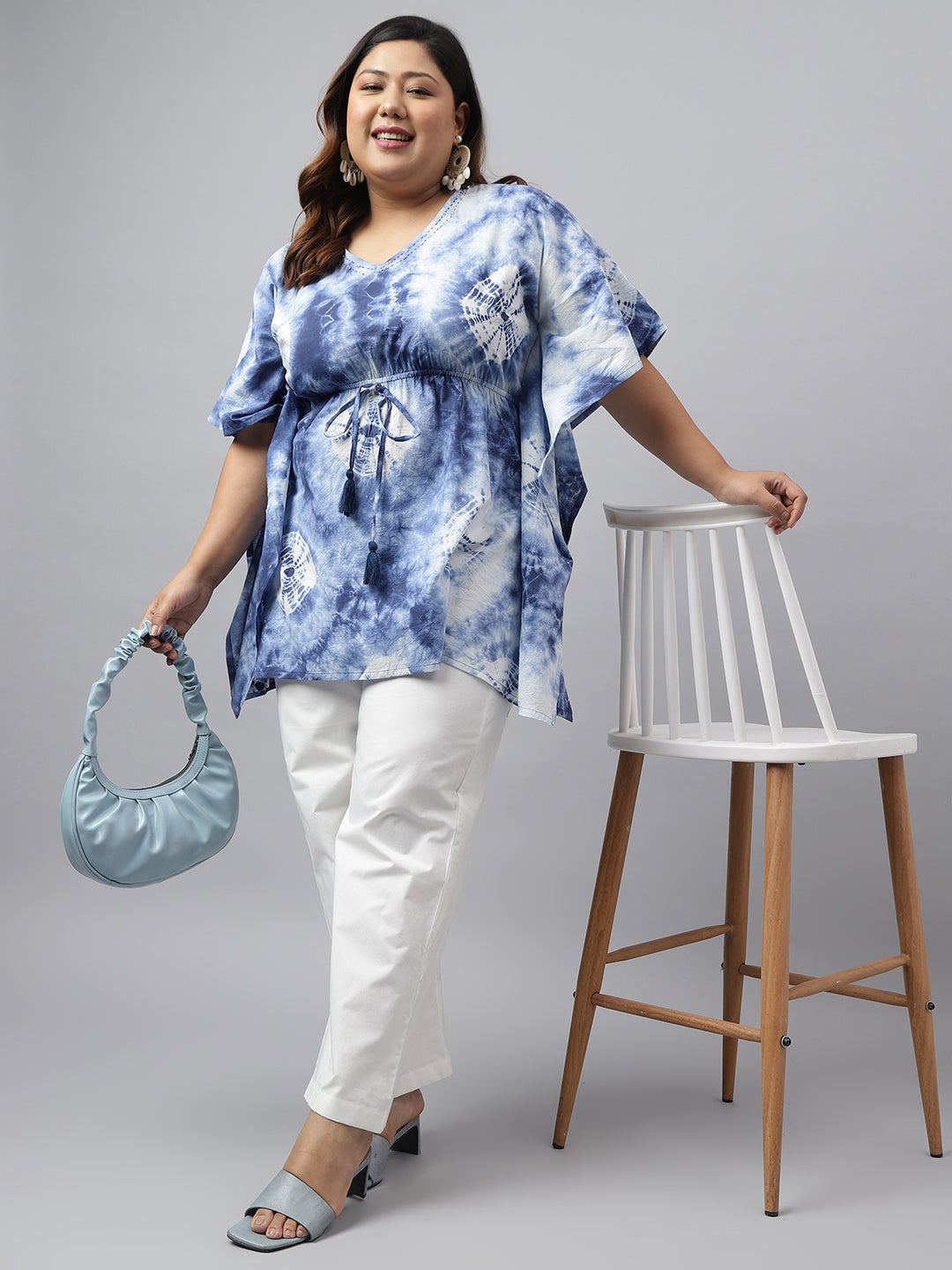 Janasya Women's Navy Blue Cotton Tie Dye Casual Kaftan Tunic | Swadesiicart
