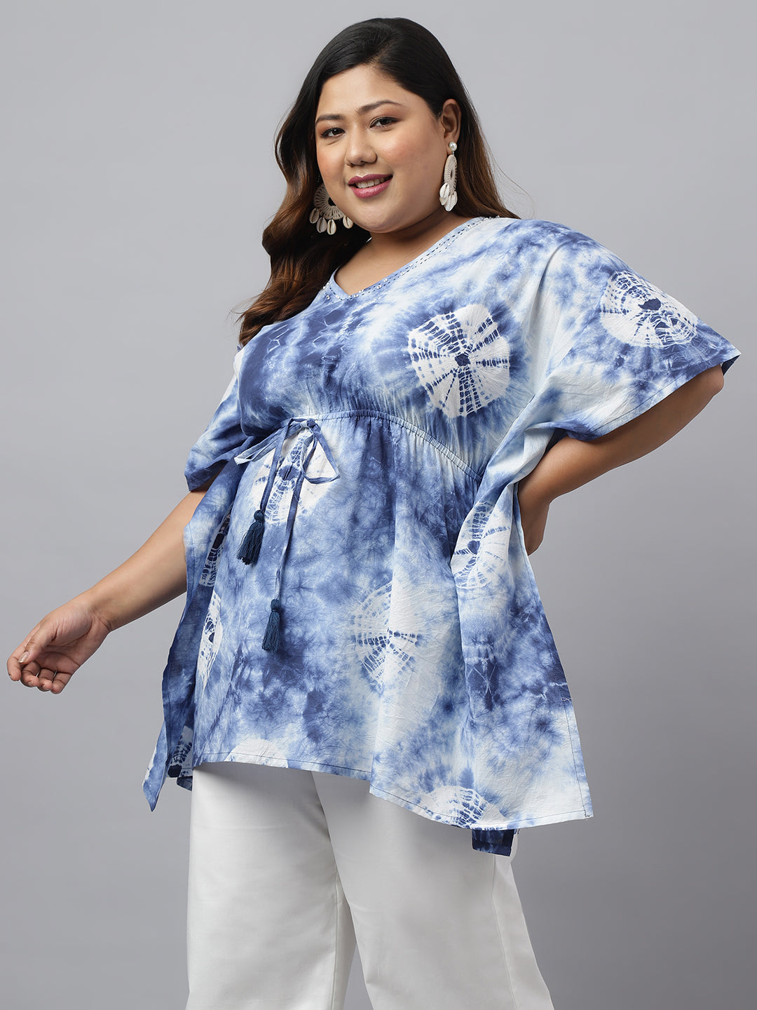 Janasya Women's Navy Blue Cotton Tie Dye Casual Kaftan Tunic | Swadesiicart