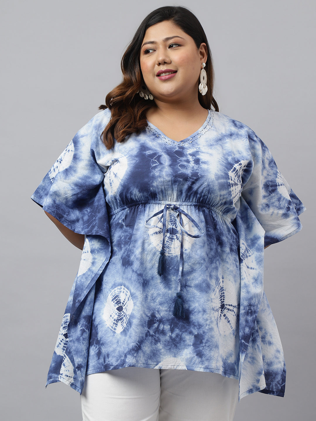 Janasya Women's Navy Blue Cotton Tie Dye Casual Kaftan Tunic | Swadesiicart