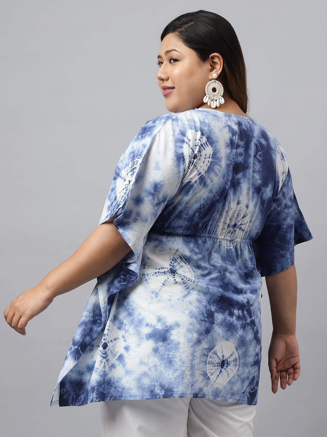 Janasya Women's Navy Blue Cotton Tie Dye Casual Kaftan Tunic | Swadesiicart