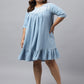 Janasya Women's Light Blue Denim Yoke Embroidered Casual Flared Western Dress | Swadesiicart