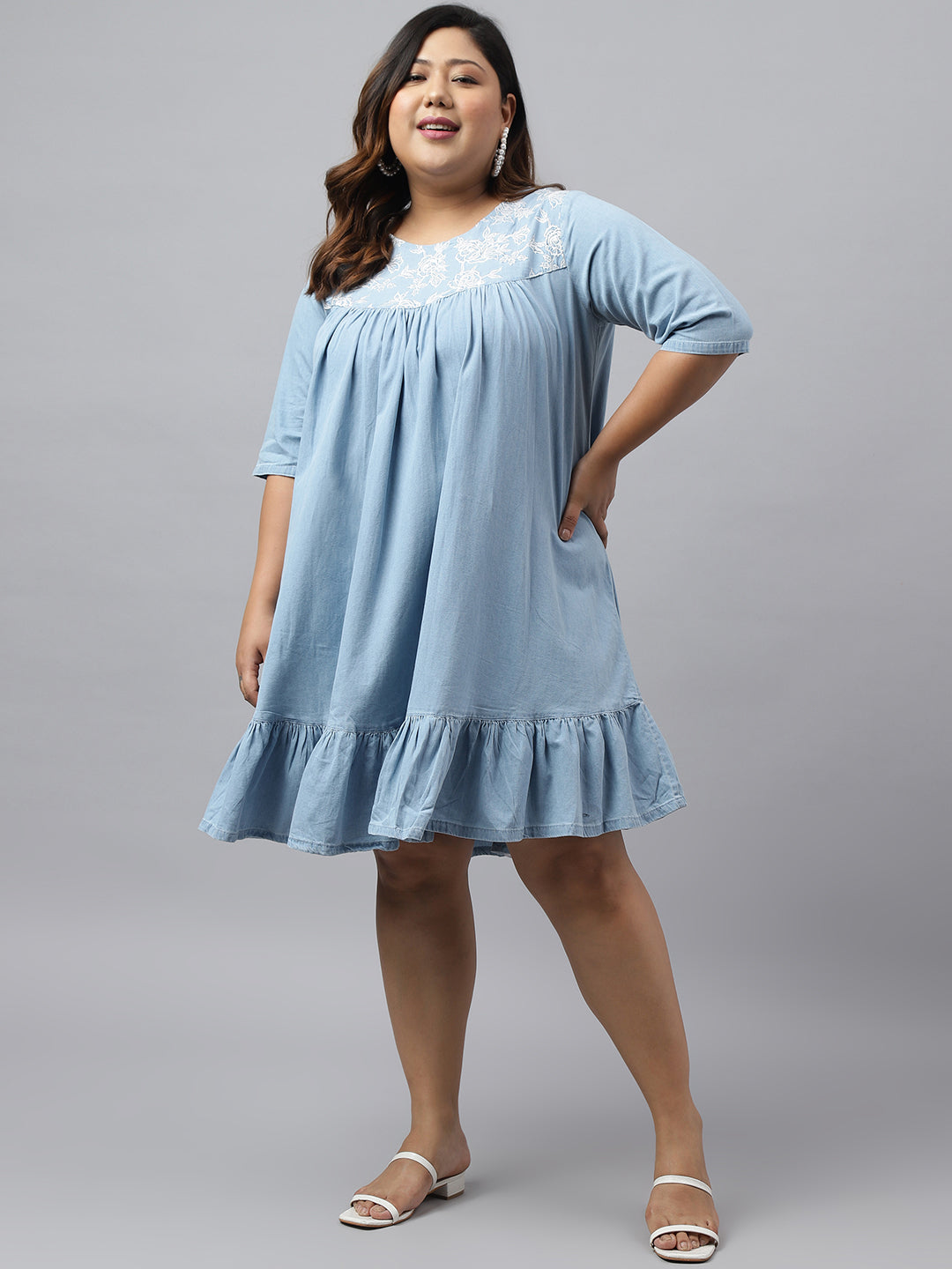 Janasya Women's Light Blue Denim Yoke Embroidered Casual Flared Western Dress | Swadesiicart