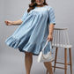 Janasya Women's Light Blue Denim Yoke Embroidered Casual Flared Western Dress | Swadesiicart
