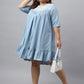 Janasya Women's Light Blue Denim Yoke Embroidered Casual Flared Western Dress | Swadesiicart