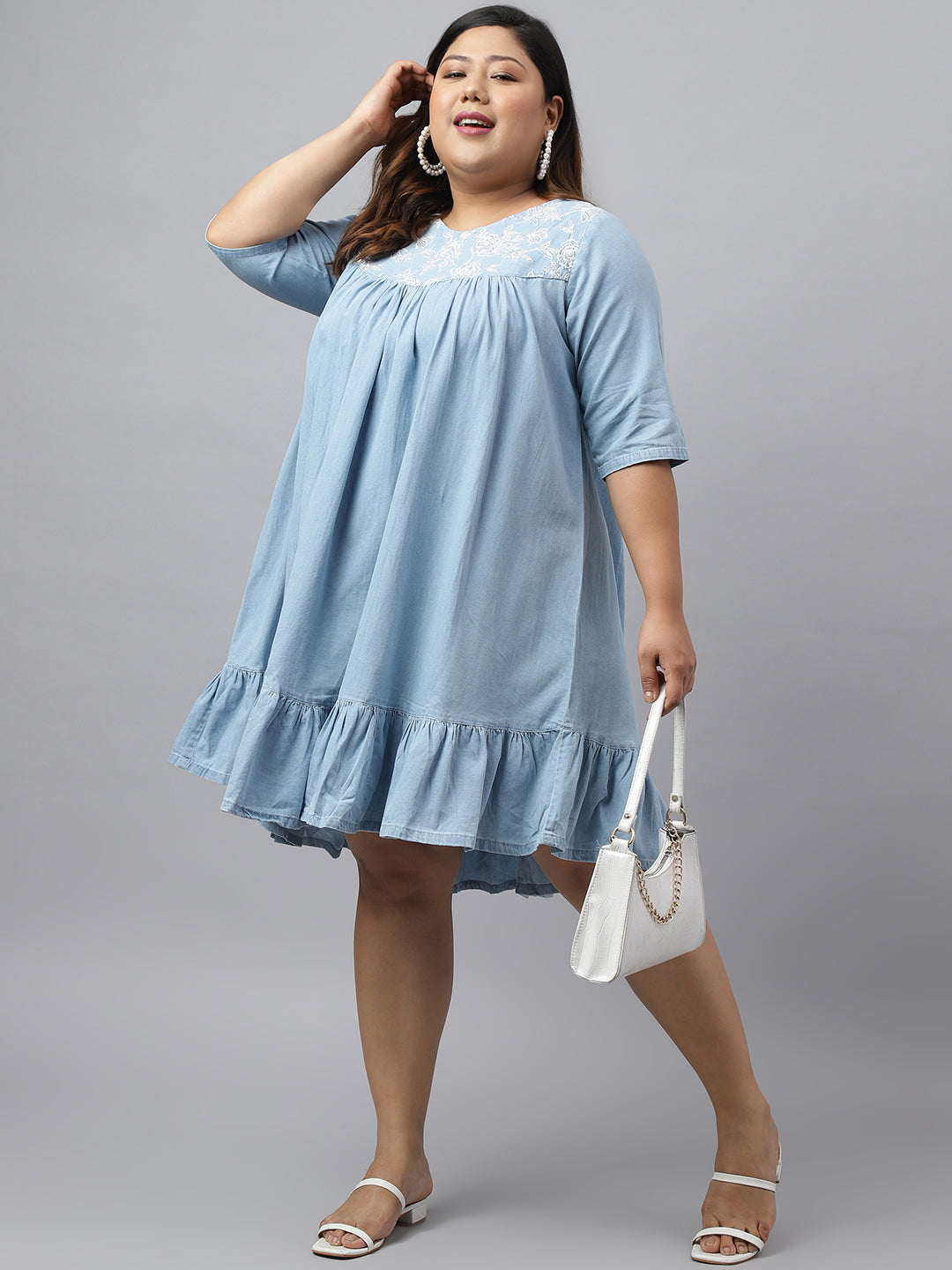 Janasya Women's Light Blue Denim Yoke Embroidered Casual Flared Western Dress | Swadesiicart