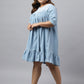 Janasya Women's Light Blue Denim Yoke Embroidered Casual Flared Western Dress | Swadesiicart