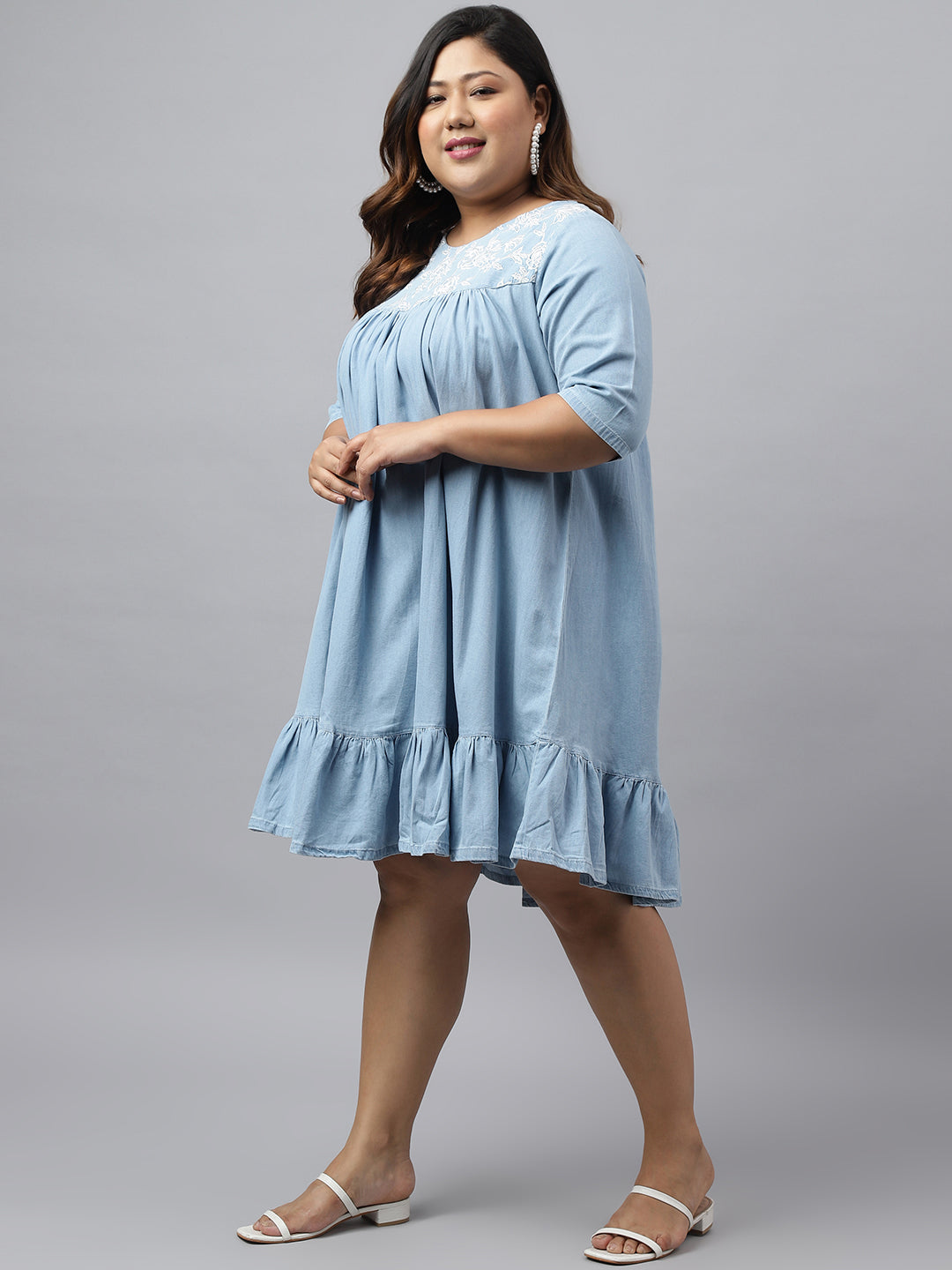 Janasya Women's Light Blue Denim Yoke Embroidered Casual Flared Western Dress | Swadesiicart