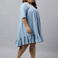Janasya Women's Light Blue Denim Yoke Embroidered Casual Flared Western Dress | Swadesiicart