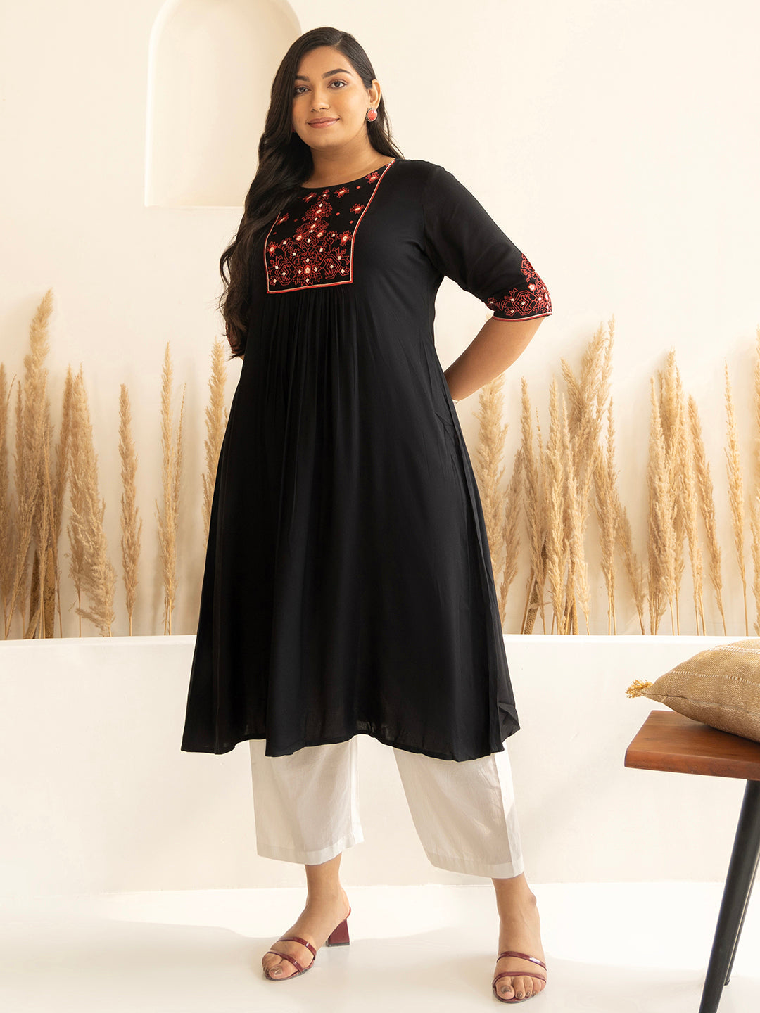 Janasya Black Rayon Yoke Embroidered kurta | Swadesiicart