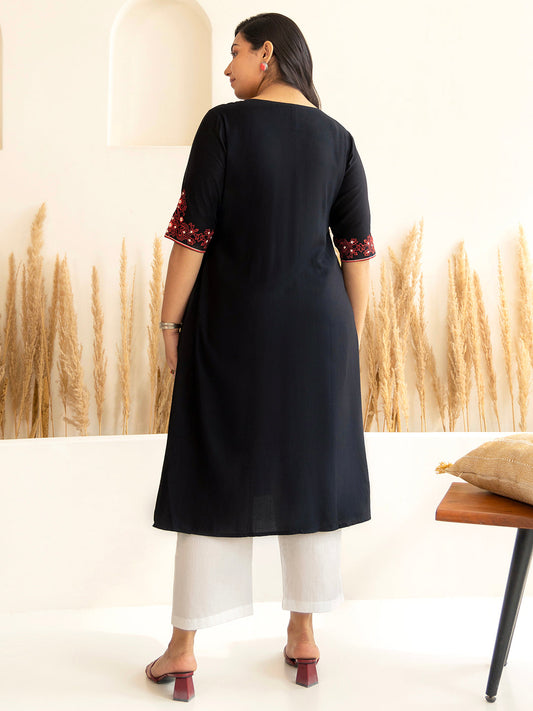 Janasya Black Rayon Yoke Embroidered kurta | Swadesiicart