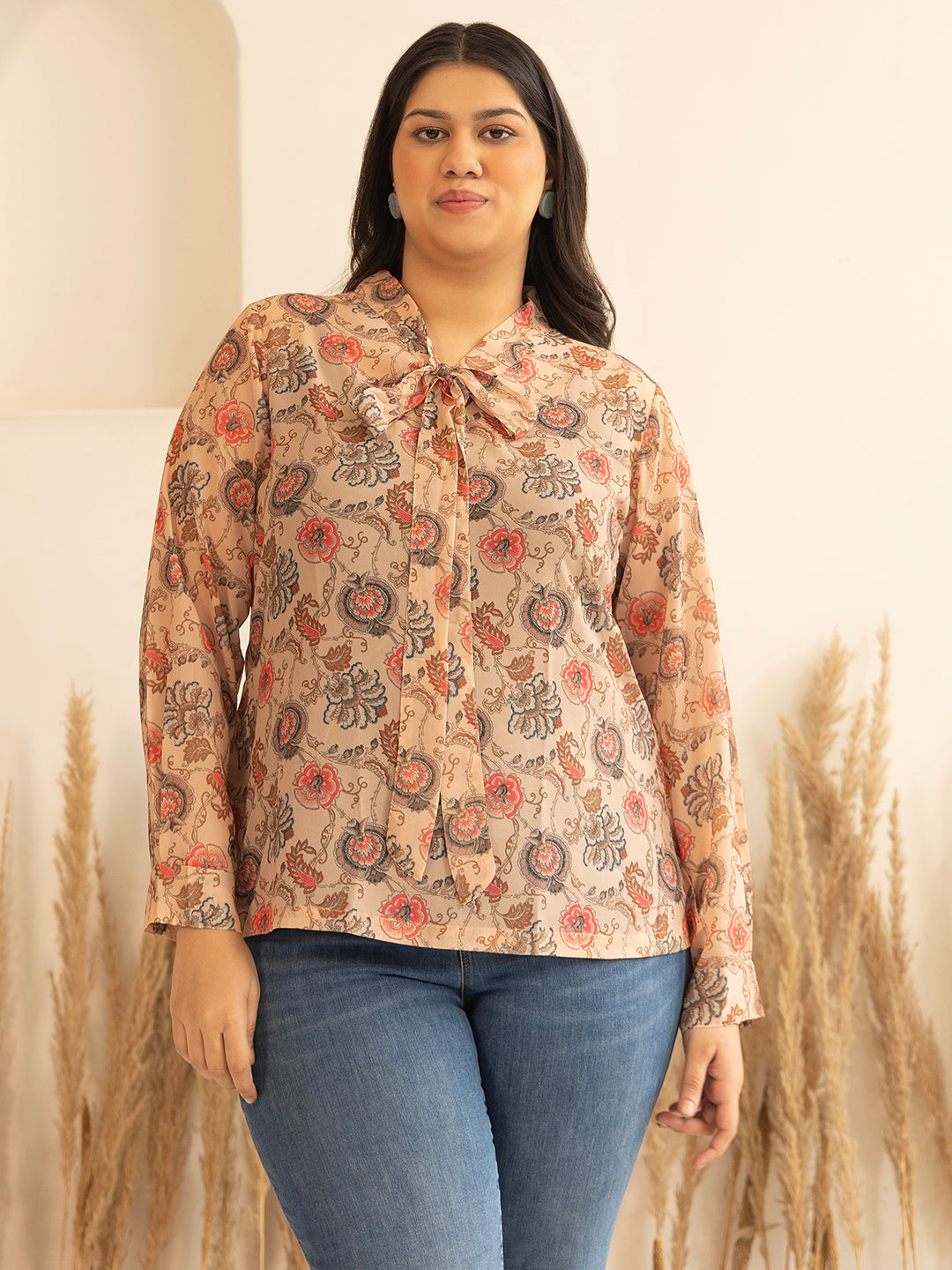 Janasya Peach Georgette Floral Printed Casual Top | Swadesiicart