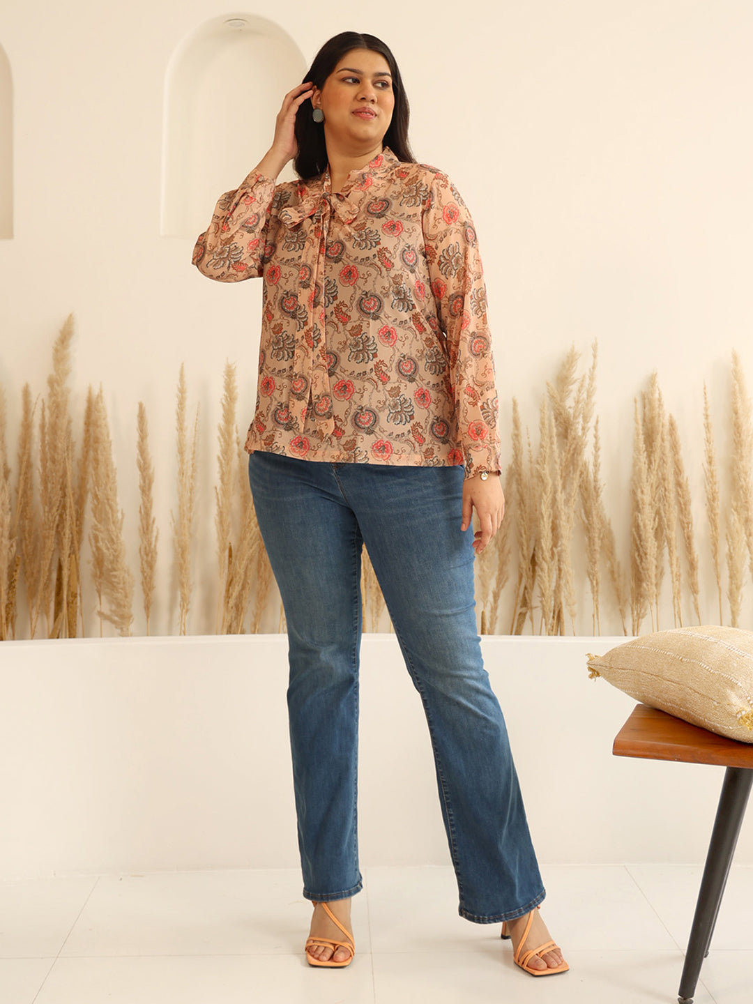 Janasya Peach Georgette Floral Printed Casual Top | Swadesiicart