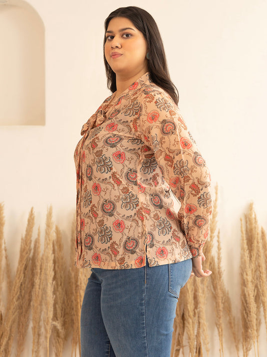 Janasya Peach Georgette Floral Printed Casual Top | Swadesiicart