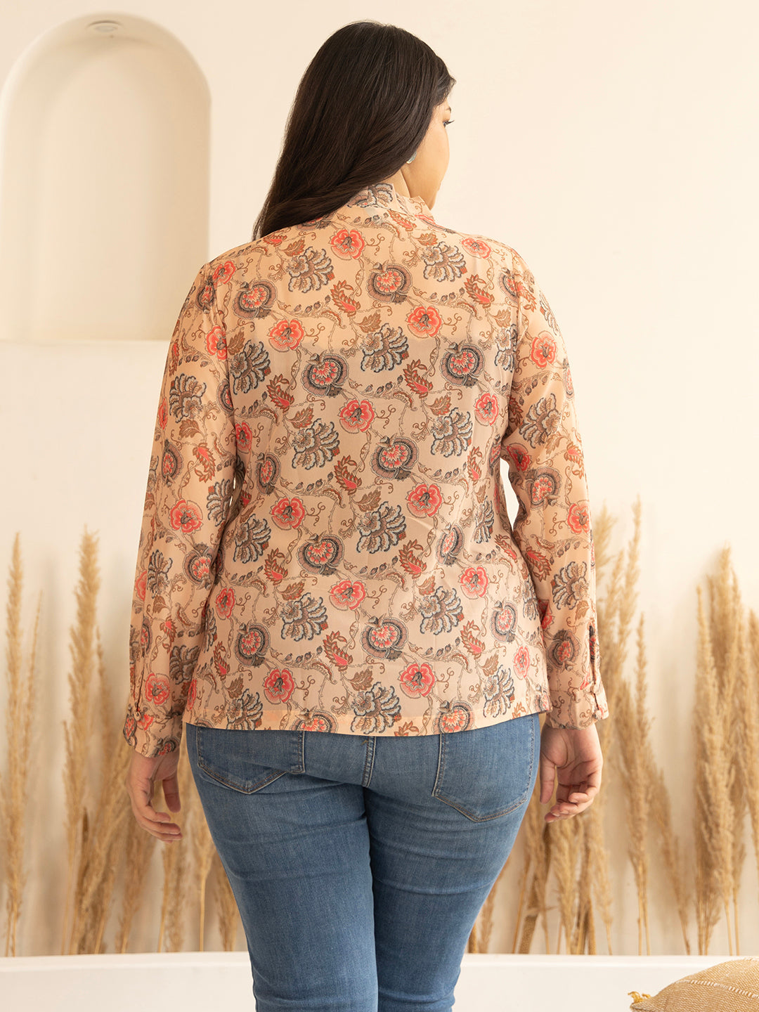 Janasya Peach Georgette Floral Printed Casual Top | Swadesiicart