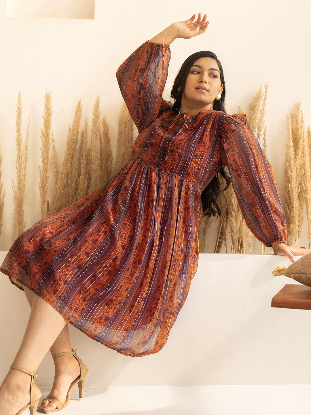 Janasya Rust Chiffon Lurex Floral Printed Casual Dress | Swadesiicart