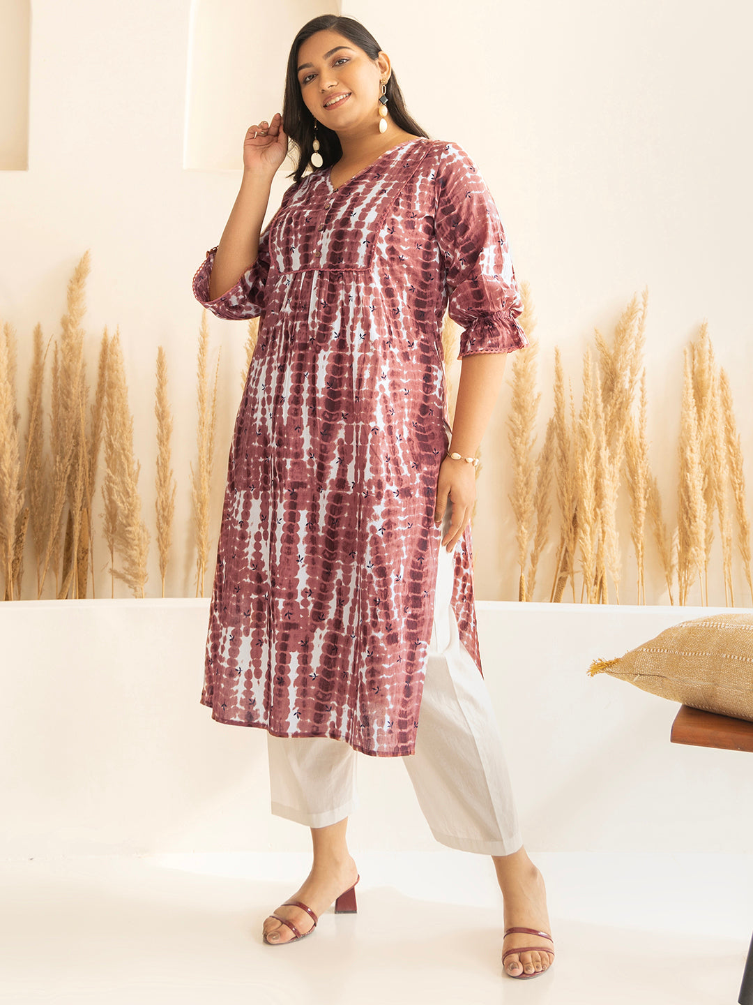 Janasya Light Brown Cotton Tie-dye Printed kurta - Swadesiicart
