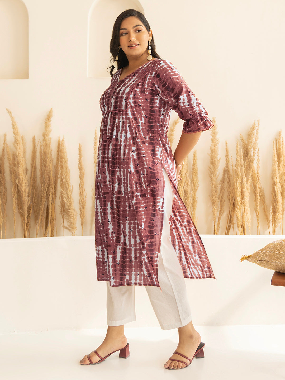 Janasya Light Brown Cotton Tie-dye Printed kurta - Swadesiicart