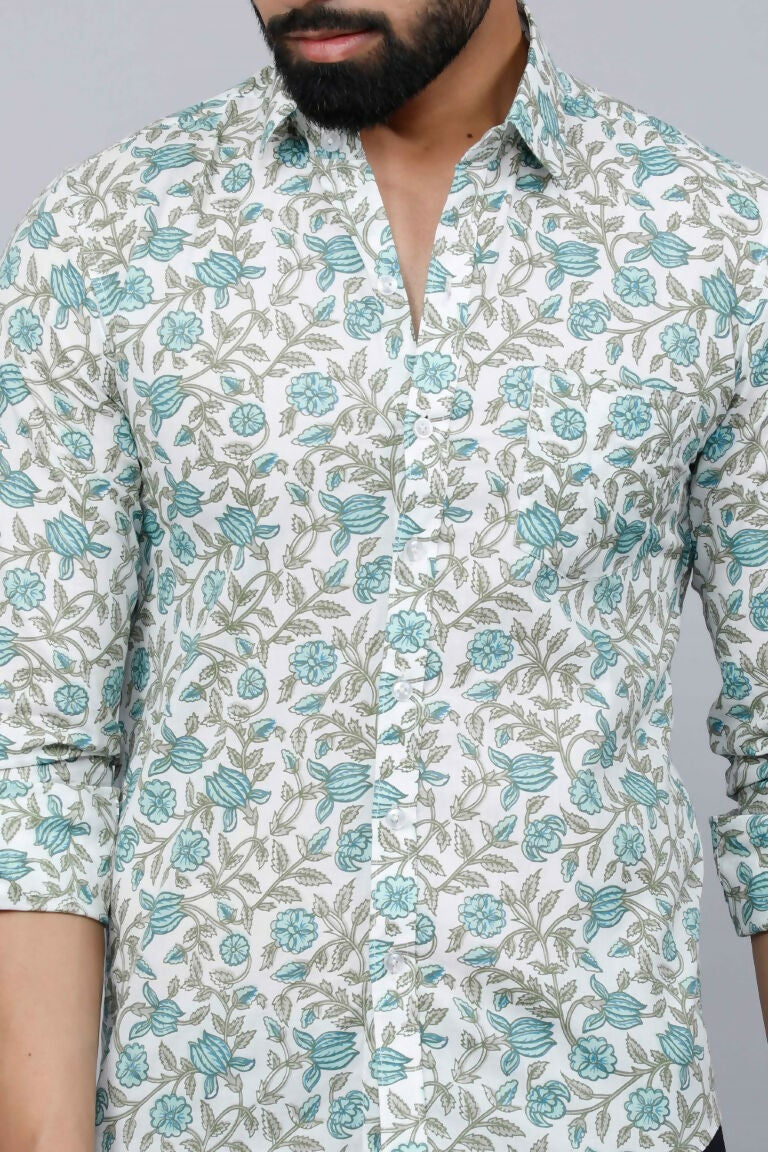 Miravan Men's Spread Collar White & Green Floral Print Slim Fit Shirt | Swadesiicart