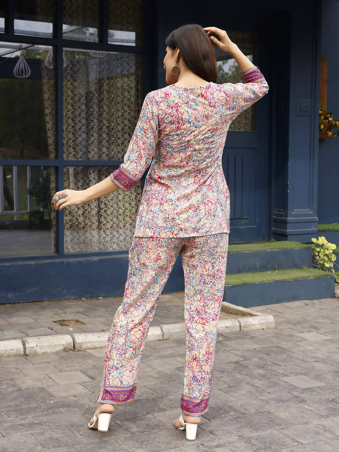 Pink Rayon abstract & Floral Printed Top with Matching Bottom - Eesha - Swadesiicart
