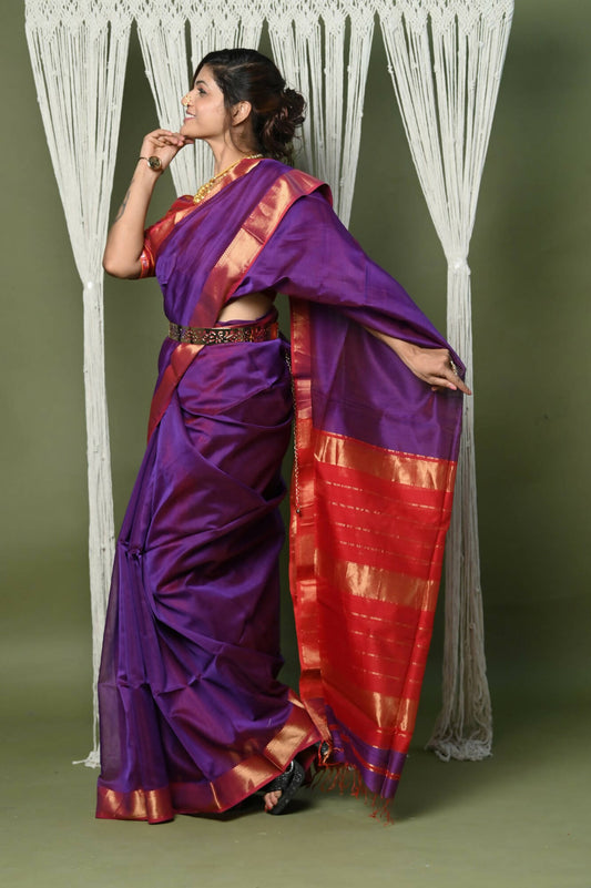 Very Much Indian Handloom Cotton Silk Maheshwari Saree With Sleek Golden Border - Purple | Swadesiicart