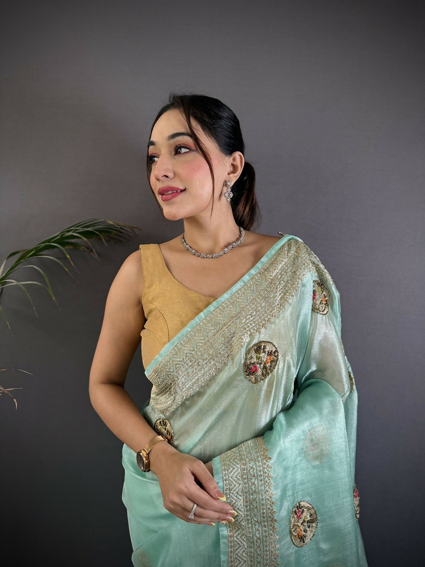 Joban Fashion Sky Blue Handloom Banarasi Organza Silk Khatali Butta Work Saree | Swadesiicart