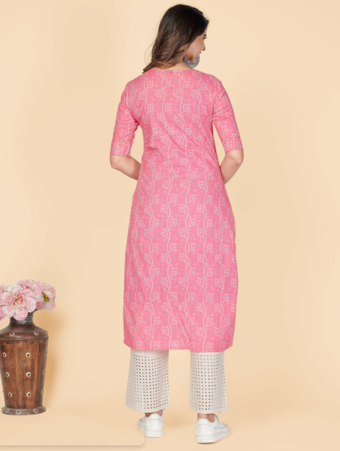 NOZ2TOZ Women's Printed & Embroidered Straight Cotton Pink Stitched Kurta (1Pc) - Swadesiicart