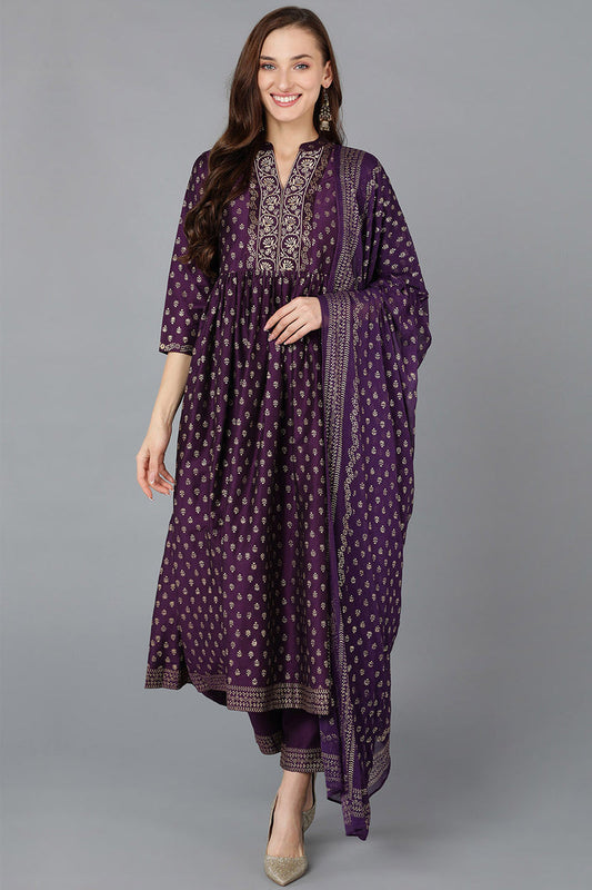 Indian Clothing Women's Purple Silk Blend Anarkali Kurta Pant With Dupatta - Rasiya - Noz2Toz