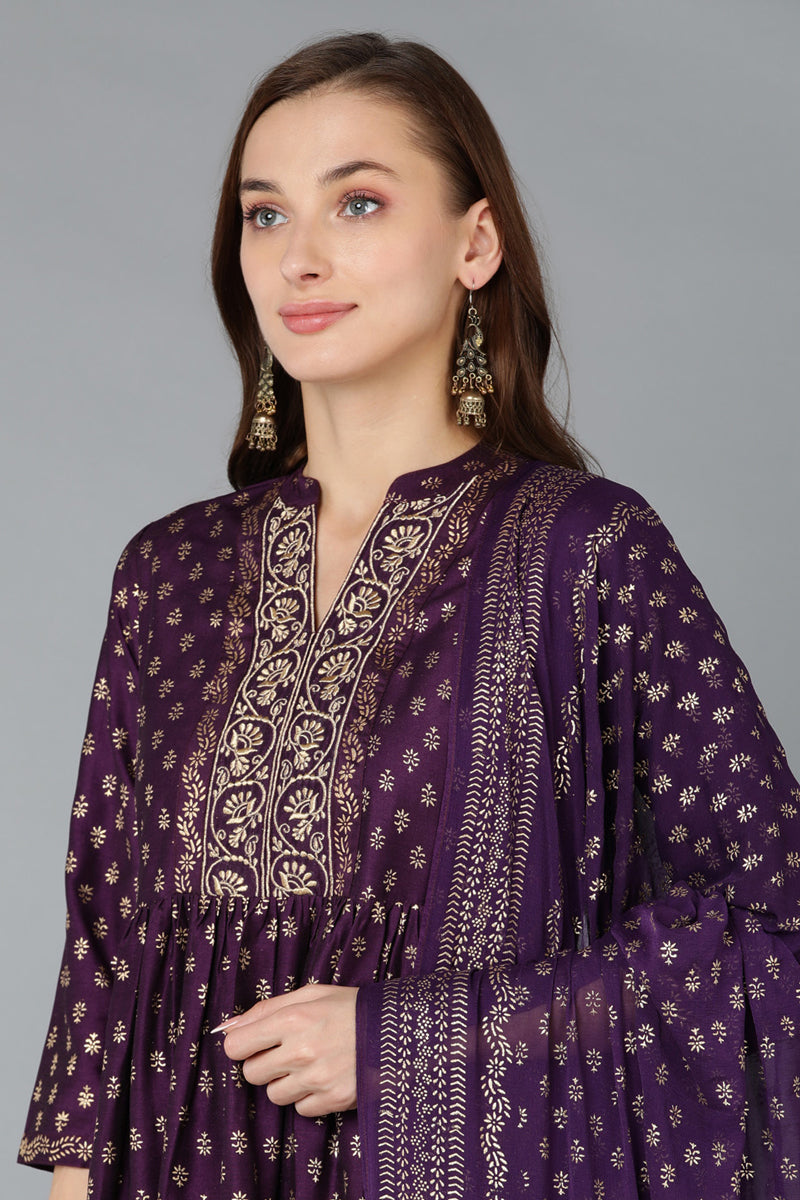 Indian Clothing Women's Purple Silk Blend Anarkali Kurta Pant With Dupatta - Rasiya - Swadesiicart