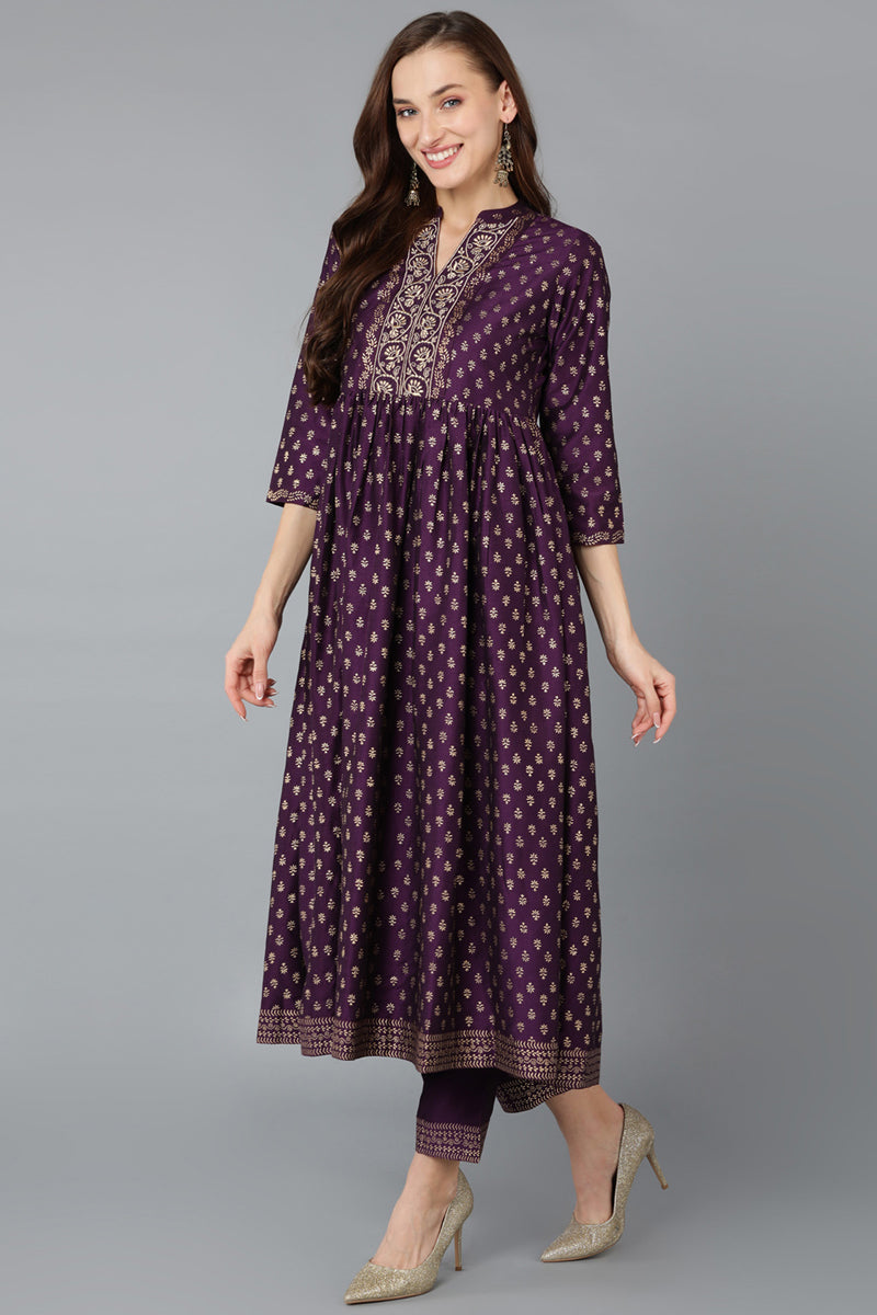 Indian Clothing Women's Purple Silk Blend Anarkali Kurta Pant With Dupatta - Rasiya - Swadesiicart