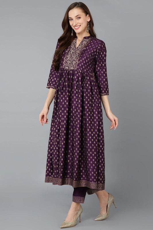 Indian Clothing Women's Purple Silk Blend Anarkali Kurta Pant With Dupatta - Rasiya - Swadesiicart
